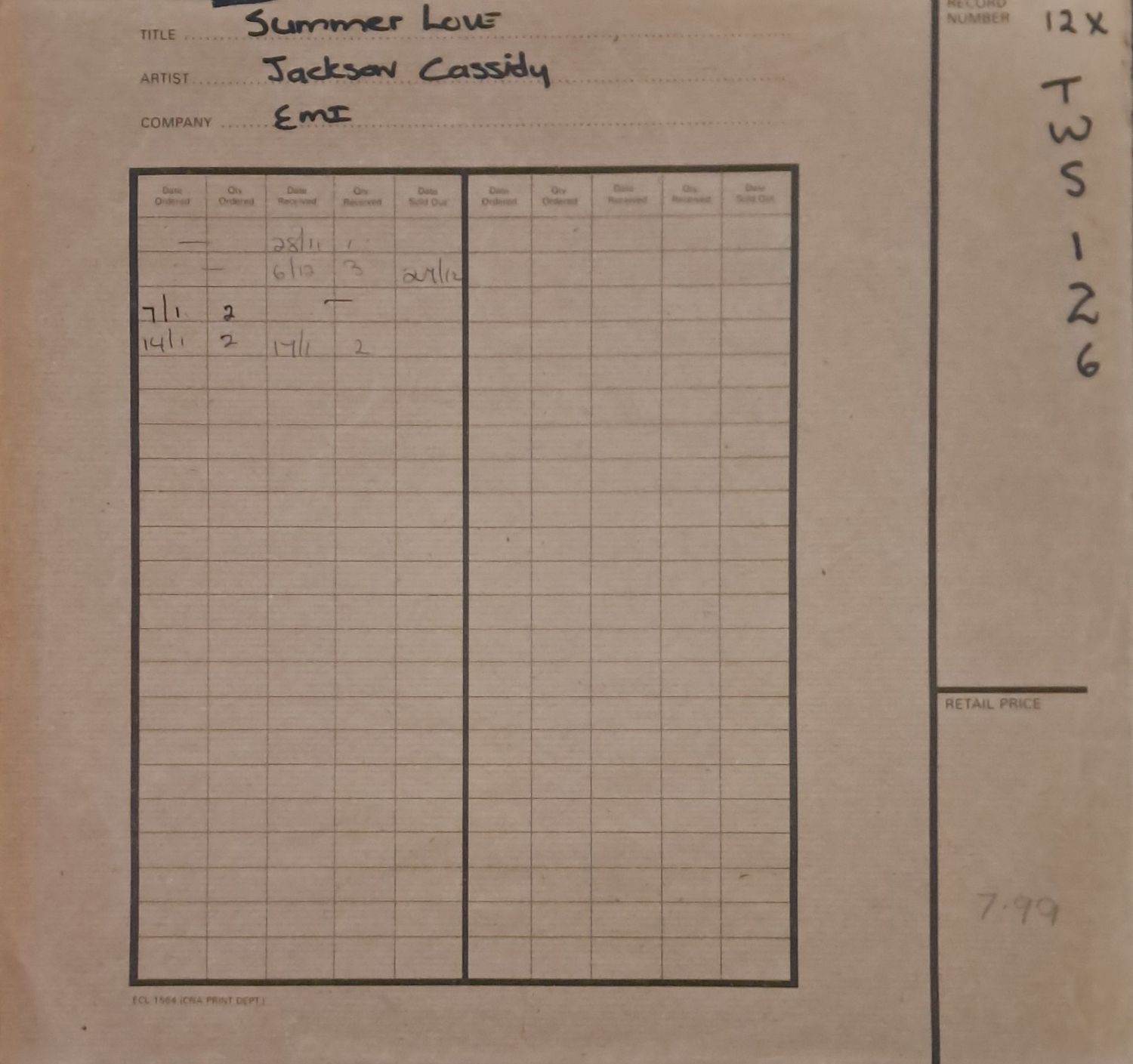 Jackson Cassidy – Summer Love (12 Jackson Cassidy – Summer Love (12"Maxi - 33RPM - 1984)