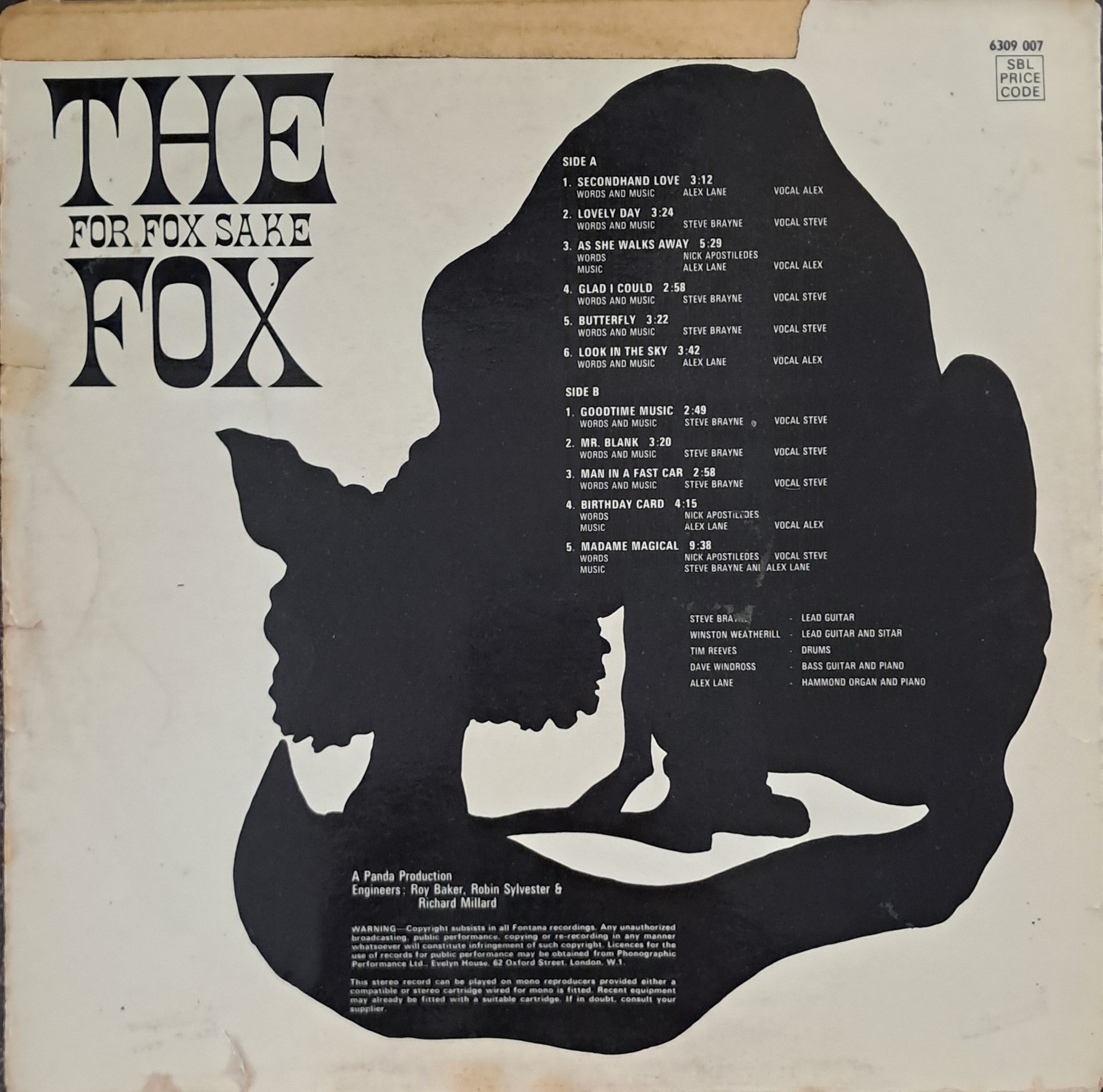 The Fox – For Fox Sake (Mega-Rare First UK Pressing - Black and Silver Fontana Labels - 1970)