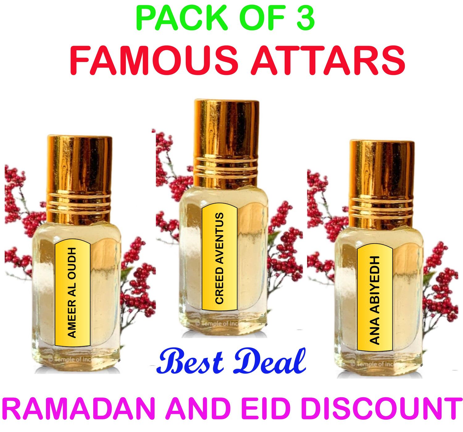 🌙 SPECIAL RAMADAN &amp; EID DISCOUNTED OFFER! 🌙 🎉 PACK OF 3 FAMOUS ATTARS – PURE &amp; ALCOHOL-FREE 🎉 💫 Featuring: Ameer Al Oudh Creed Aventus Ana Abiyedh ✨ THE BEST COLLECTION FROM HAM