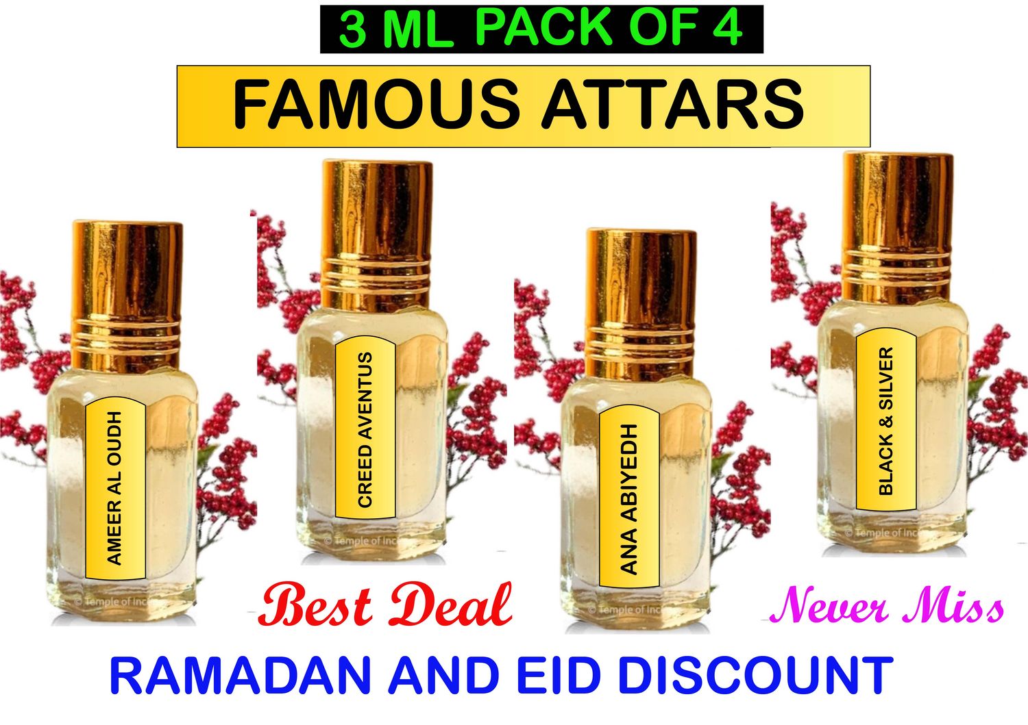 🌸✨ 4 ATTARS PACK OF FAMOUS ATTARS - MOST POPULAR COLLECTION! ✨🌸 Experience the essence of luxury with our exclusive 4 Attars Pack, Creed Aventus, Ameer Al Oud, Black &amp; Silver, and Ana Abiyedh.