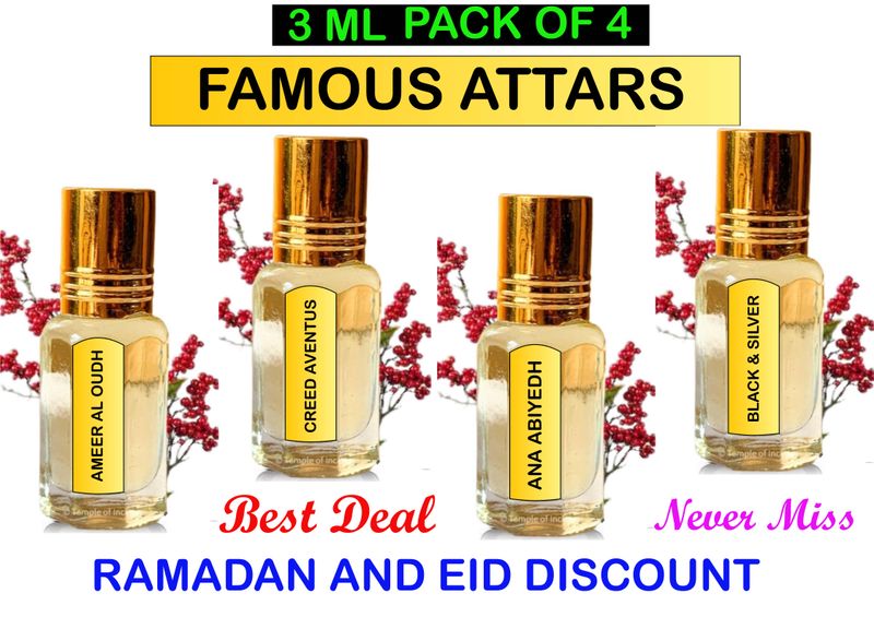 🌸✨ 4 ATTARS PACK OF FAMOUS ATTARS - MOST POPULAR COLLECTION! ✨🌸 Experience the essence of luxury with our exclusive 4 Attars Pack, Creed Aventus, Ameer Al Oud, Black &amp; Silver, and Ana Abiyedh.