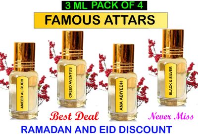 🌸✨ 4 ATTARS PACK OF FAMOUS ATTARS - MOST POPULAR COLLECTION! ✨🌸 Experience the essence of luxury with our exclusive 4 Attars Pack, Creed Aventus, Ameer Al Oud, Black &amp; Silver, and Ana Abiyedh.