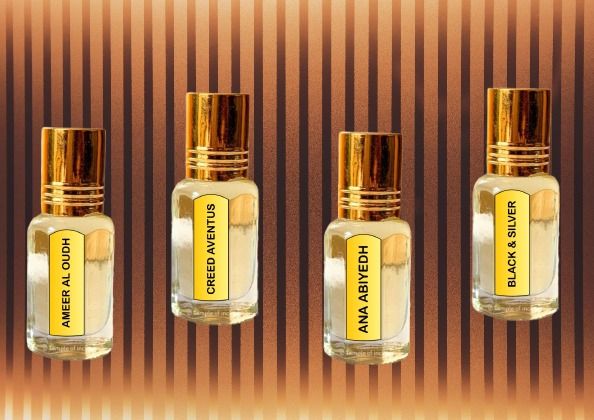 🌸✨ 4 ATTARS PACK OF FAMOUS ATTARS - MOST POPULAR COLLECTION! ✨🌸 Experience the essence of luxury with our exclusive 4 Attars Pack, Creed Aventus, Ameer Al Oud, Black &amp; Silver, and Ana Abiyedh.
