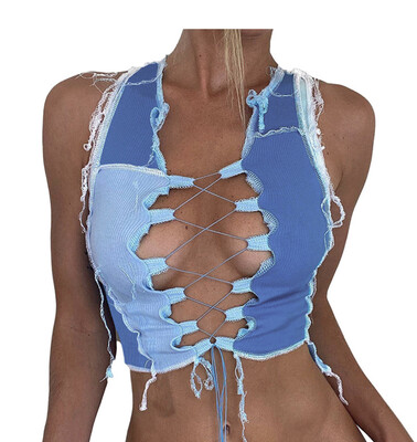 Blue Contrast Stitch Lace Up Cropped Tank