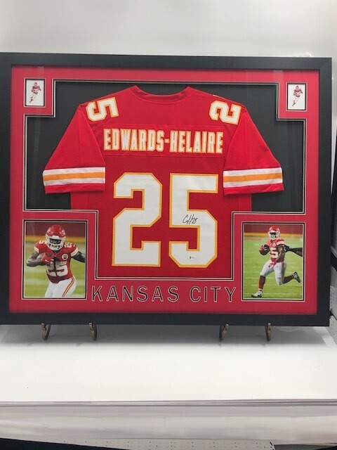 Clyde Edwards-Helaire Custom Framed and Autographed Kansas City Chiefs Jersey Display