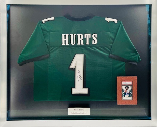 Jalen Hurts Custom Framed, Dual Autographed, Philadelphia Eagles Jersey and Rookie Trading Card Display