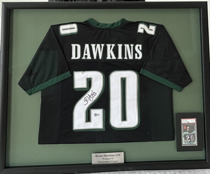 Brian Dawkins Custom Framed - Signed Jersey &amp; 1996 RC Display