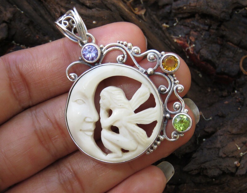 Sterling Silver Mixed Gemstone Half Moon Fairy Pendant SP-1142