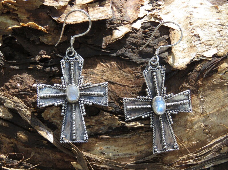 Sterling Silver Rainbow Moonstone Cross Earrings ER-1086