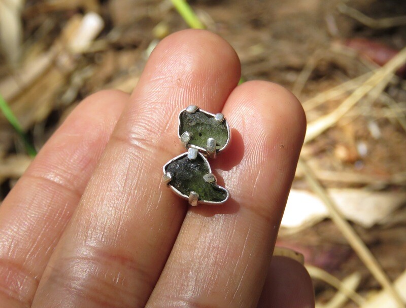 Sterling Silver Natural Moldavite Push Back Earrings ER-1090