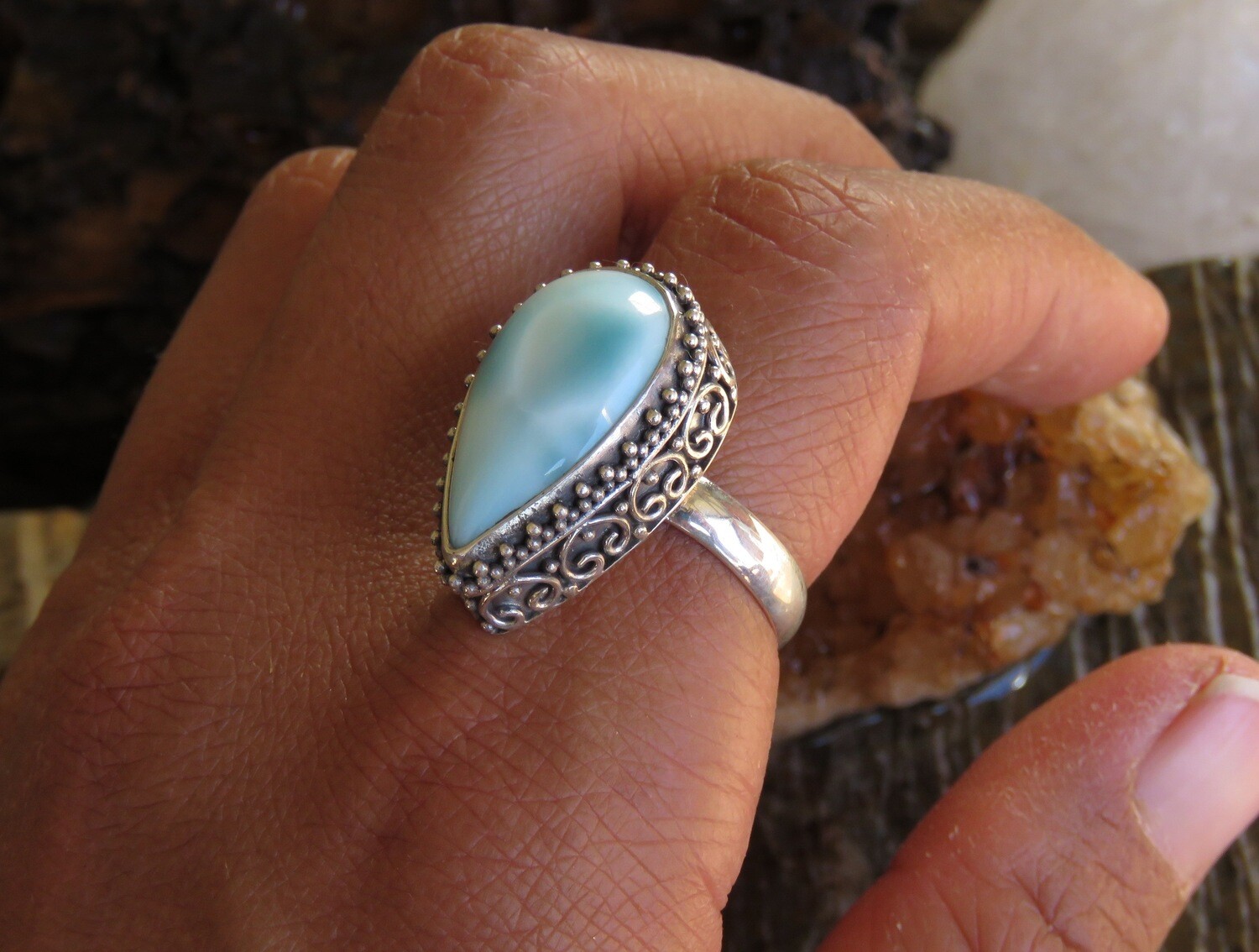 Sterling Silver Larimar Gemstone Bali Ring RI-989