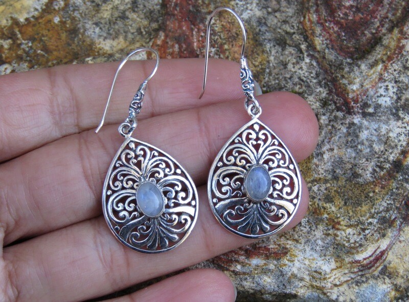 Sterling Silver Rainbow Moonstone Filigree Dangle Earrings ER-1091