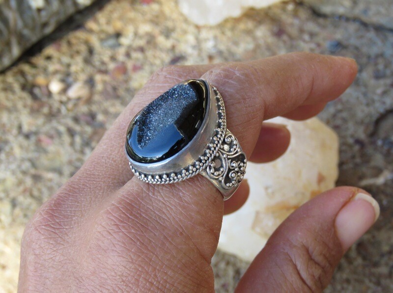 Sterling Silver Druzy Bali Design Ring RI-990