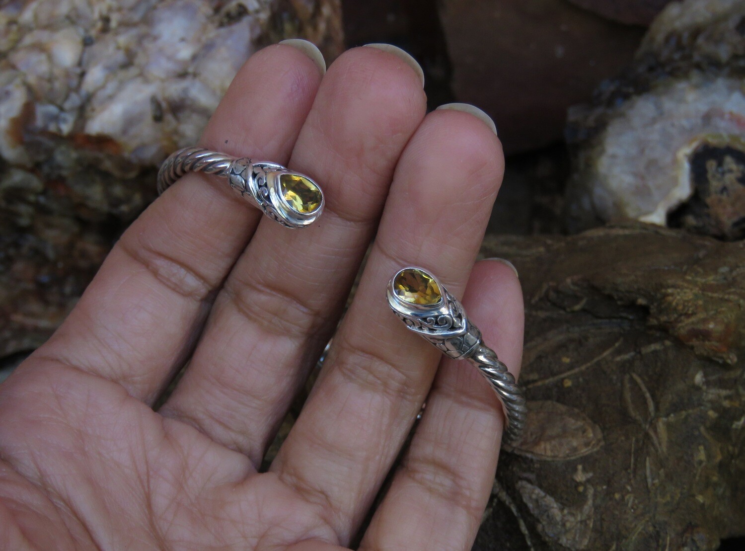 Sterling Silver Citrine Twisted Wire Cuff Bangle SBB-623