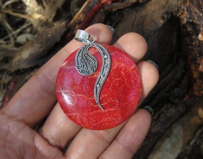 Sterling Silver Round Red Coral Pendant SP-1126