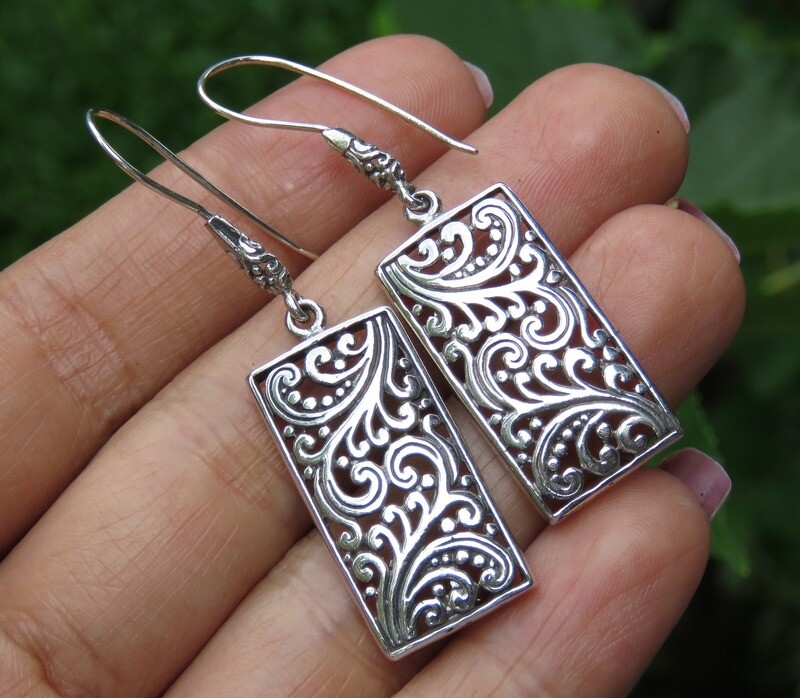 Sterling Silver Rectangle Filigree Earrings, Bali Earrings, Dangle Style, Ornate, SE-414