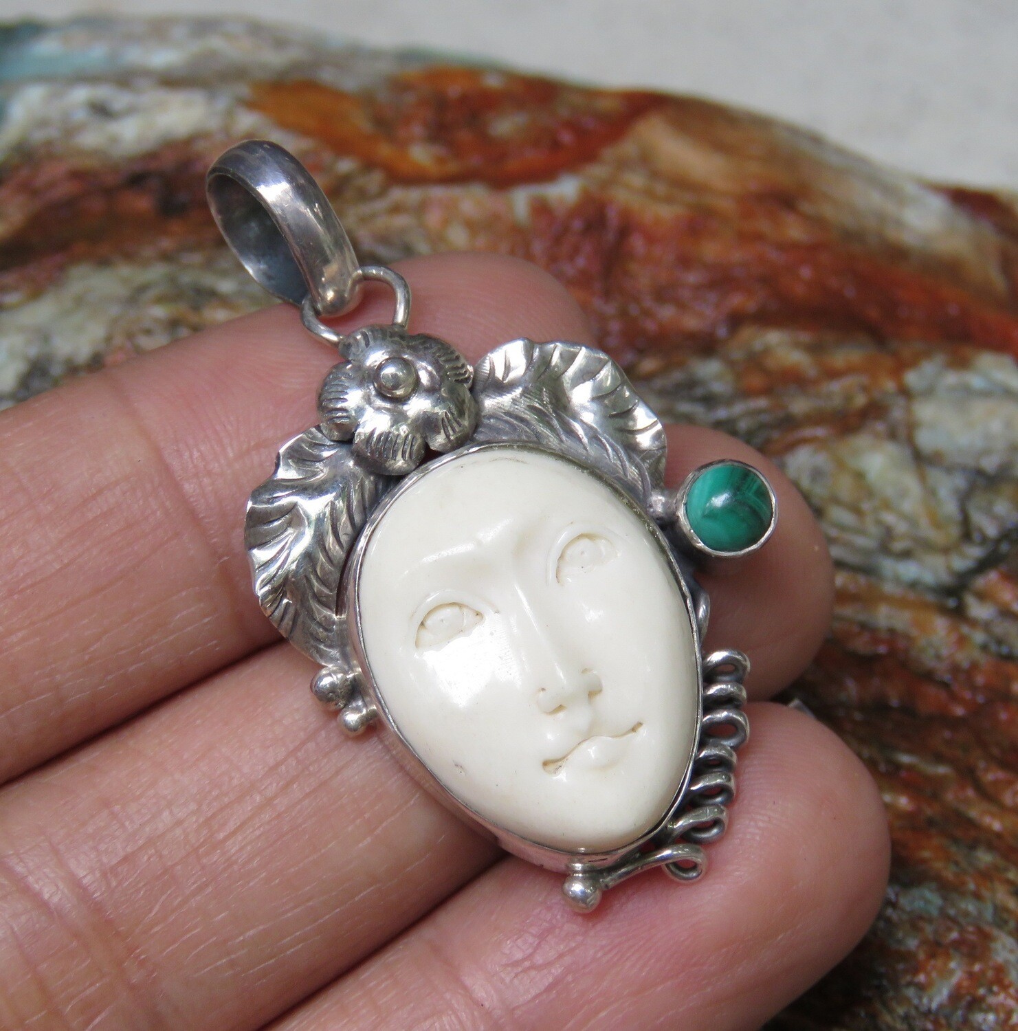 Sterling Silver and Malachite Carved Face Goddess Pendant GJ-103