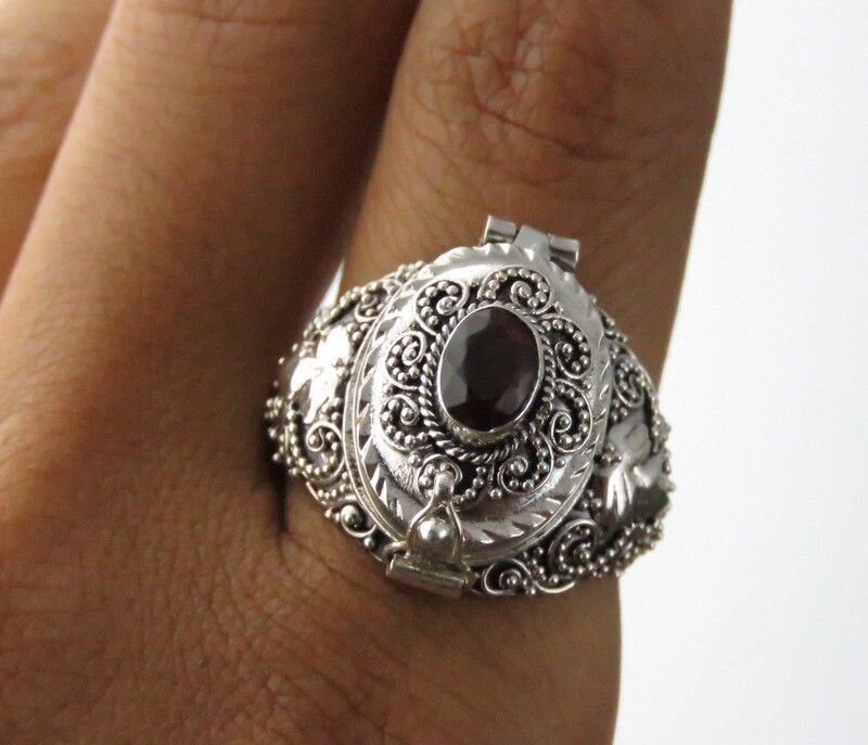 Garnet Gemstone, Sterling Silver Bali Locket Keepsake Ring LR-101