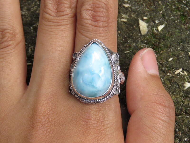 Sterling silver, Larimar gemstone, Bali Scrollwork ring RI-1012