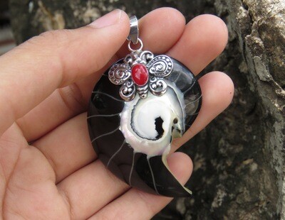 Sterling Silver, Nautilus Shell, Red Coral, Beach Pendant SP-1164