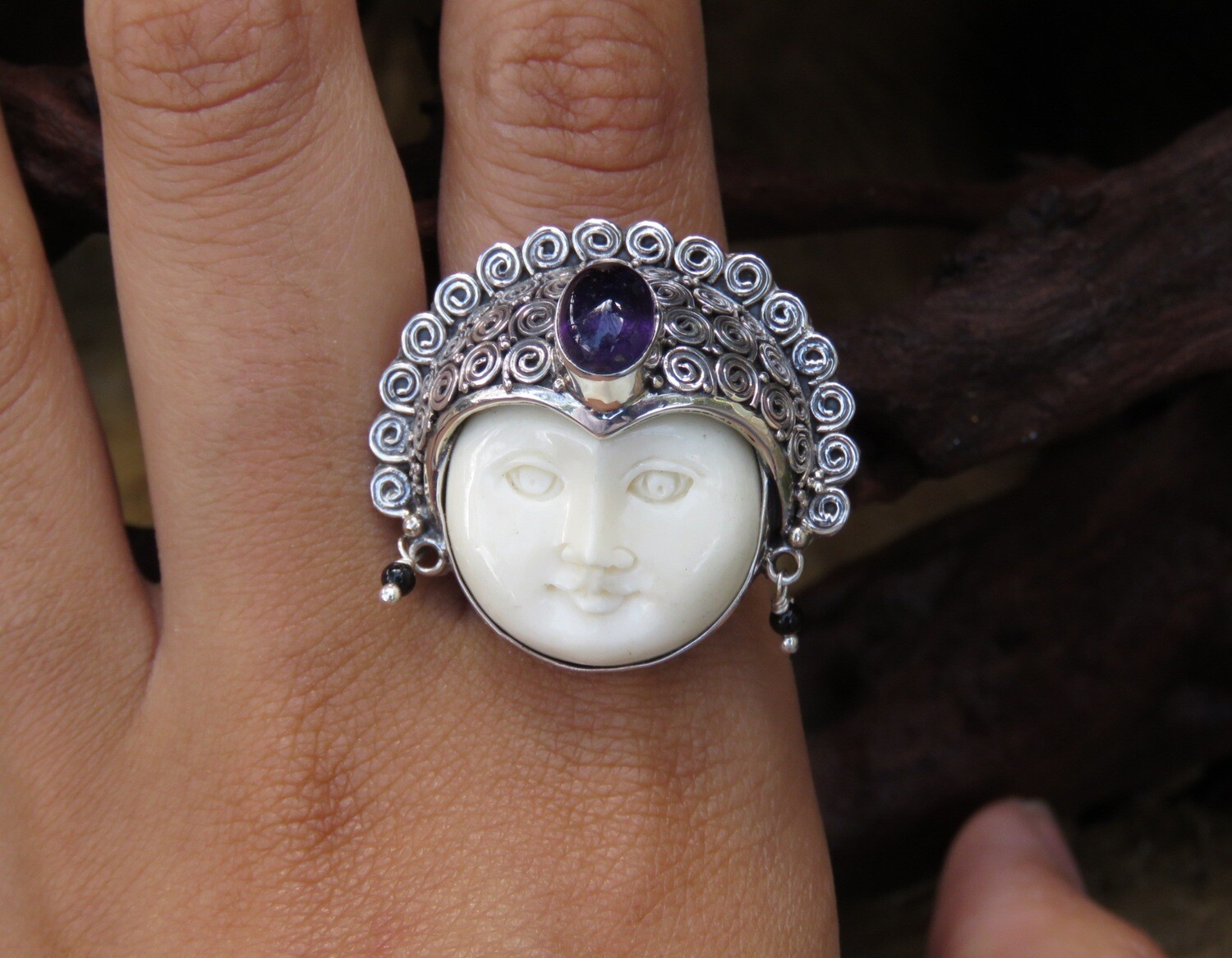 Sterling Silver Amethyst Carved Face Bali Goddess Ring GJ-101