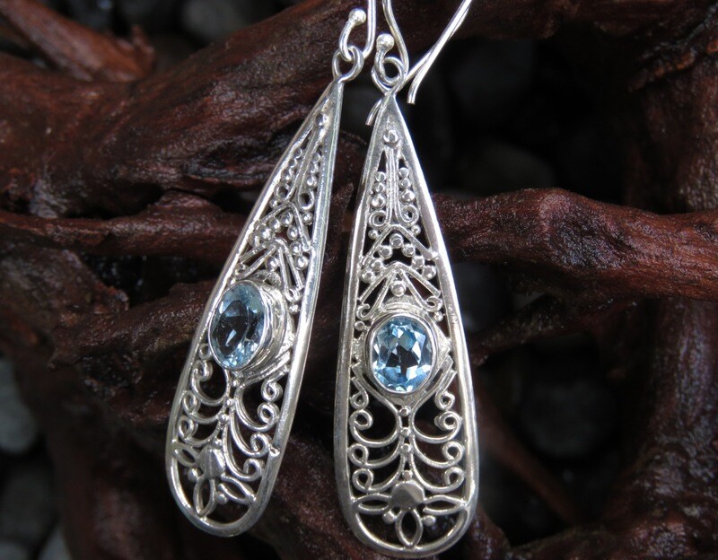 Sterling Silver, Bali Filigree, Blue Topaz, Dangle Earrings ER-1104