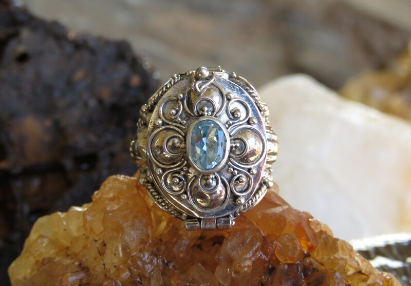 Handmade Sterling Silver Blue Topaz Bali Locket Ring LR-106