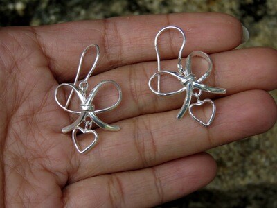 Sterling Silver Bow and Heart Dangle Earrings SE-423