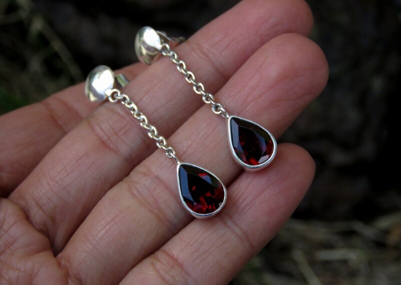Sterling Silver Teardrop Garnet Dangle Earrings ER-1107