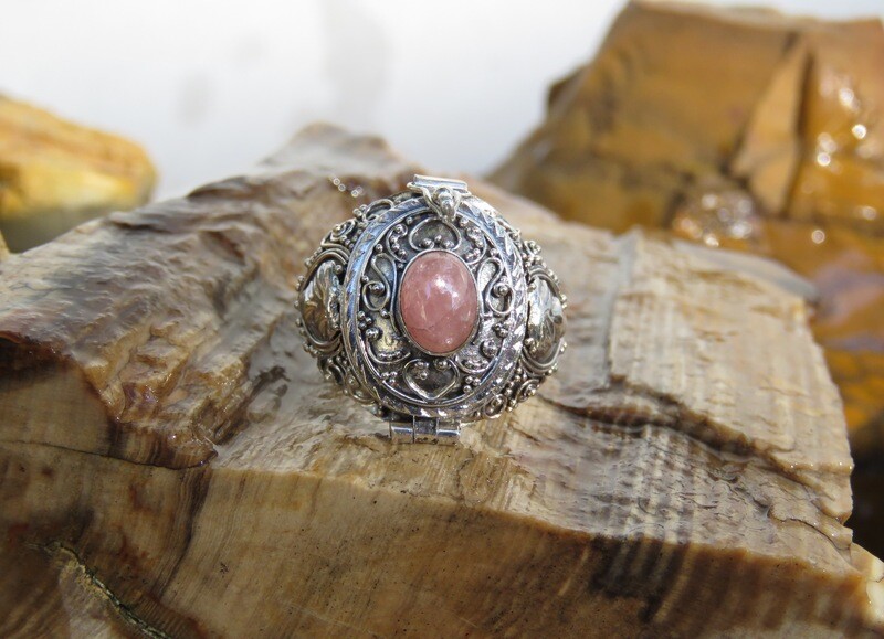 Sterling Silver Rhodochrosite Bali Locket Ring LR-112