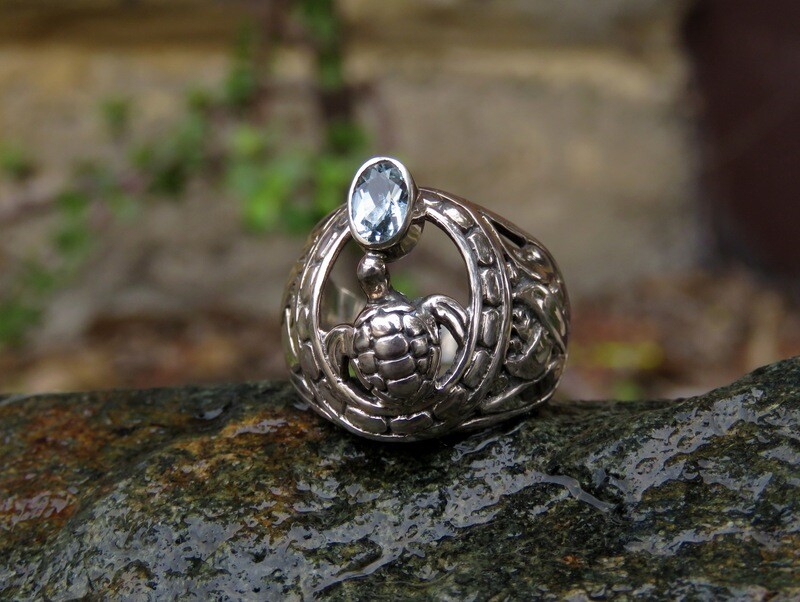 Handcast Sterling Silver Blue Topaz Turtle Design Ring RI-1030