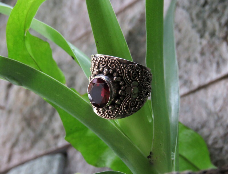 Sterling Silver, Garnet Gemstone, Wide Band Ring RI-1036