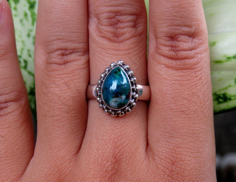 Sterling Silver, Chrysocolla Gemstone, Bali Ring RI-1039
