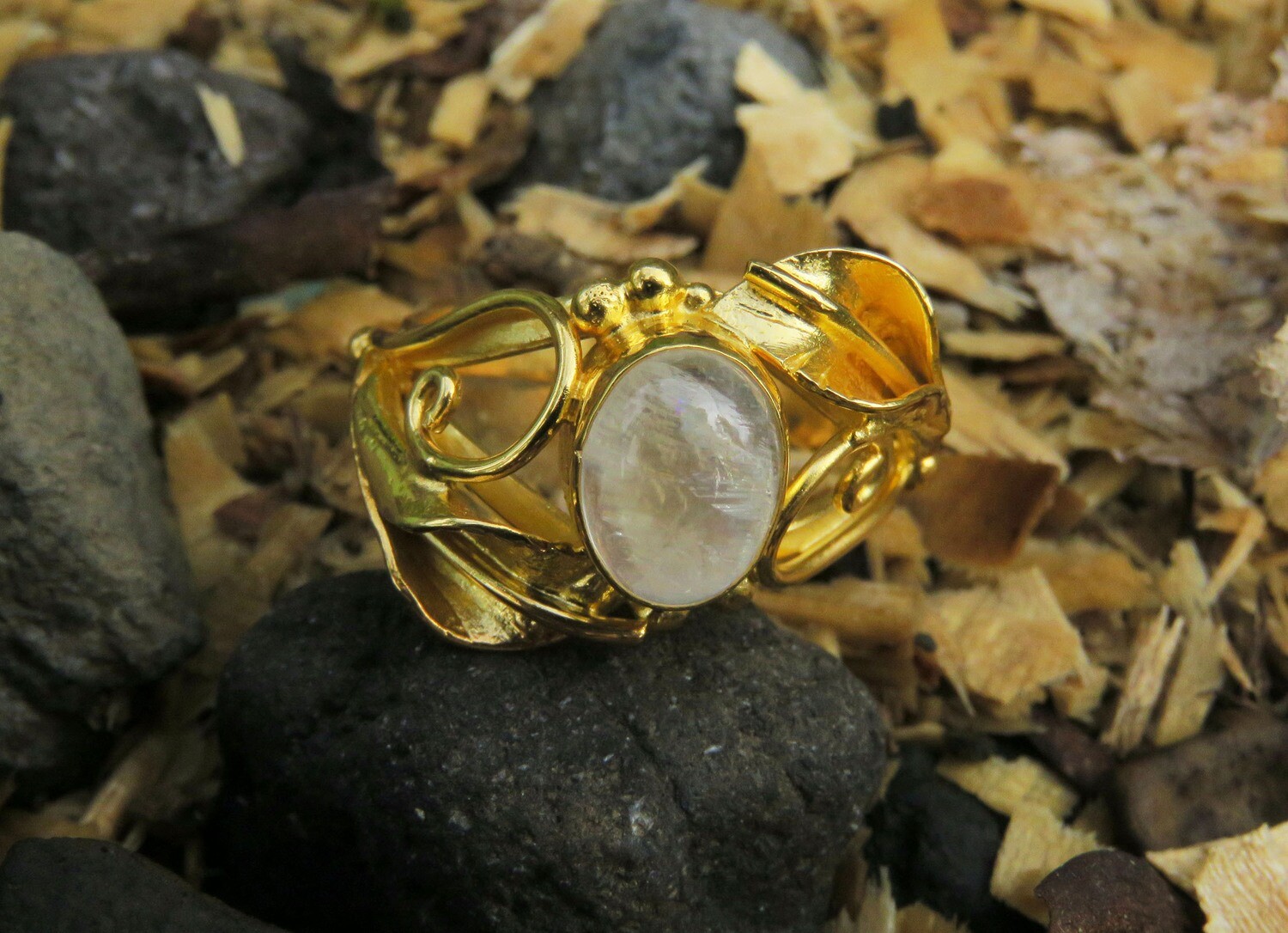 18k Gold Plated, Rainbow Moonstone, Leaf Design, Ring GPR-211