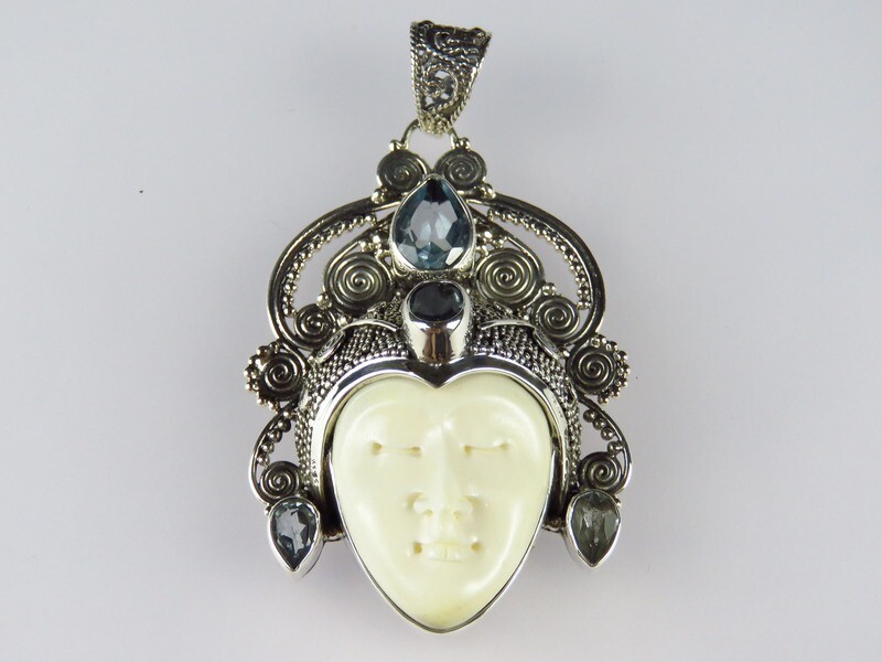 Sterling Silver, Face, Blue Topaz, Bali Goddess, Pendant GJ-107