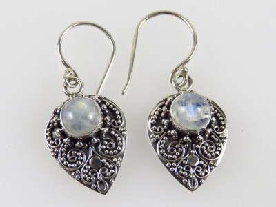 Sterling Silver, Rainbow Moonstone Gemstone, Bali Dangle Earrings ER-1113