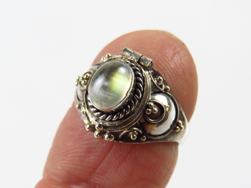 Sterling Silver, Rainbow Moonstone, Gemstone Locket Ring LR-114