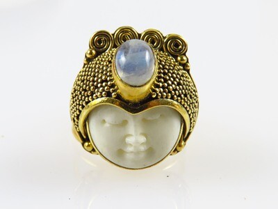 18k Gold Plated, Antique Look, Rainbow Moonstone, Ring GJ-213