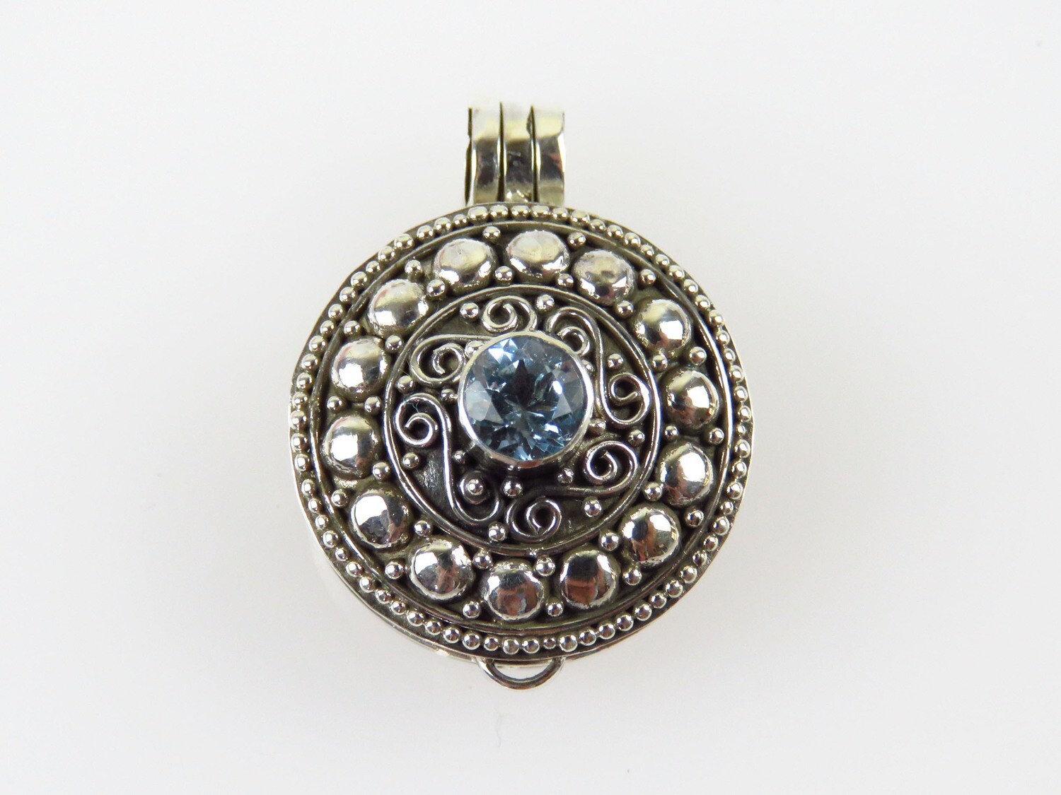 Sterling Silver, Blue Topaz, Round Shape, Bali Locket Ring LR-317
