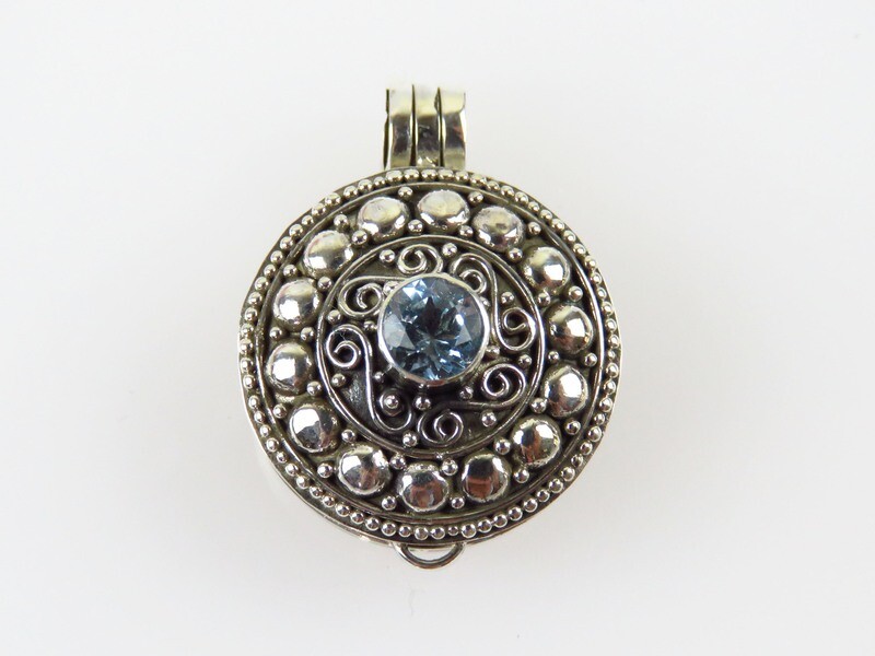 Sterling Silver, Blue Topaz, Round Shape, Bali Locket Ring LR-317