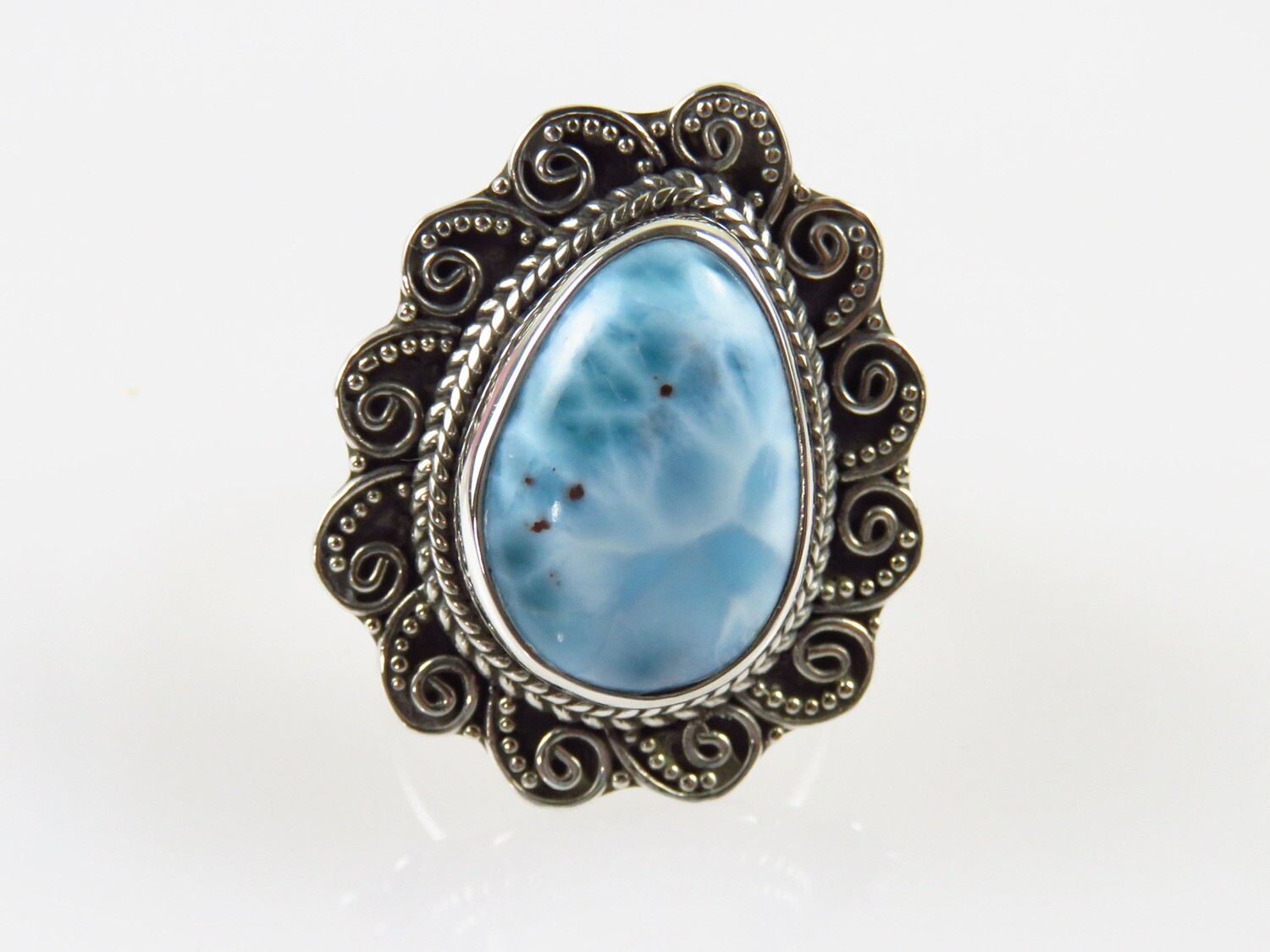 Sterling Silver, Larimar, Bali Motif, Gemstone Ring RI-1047