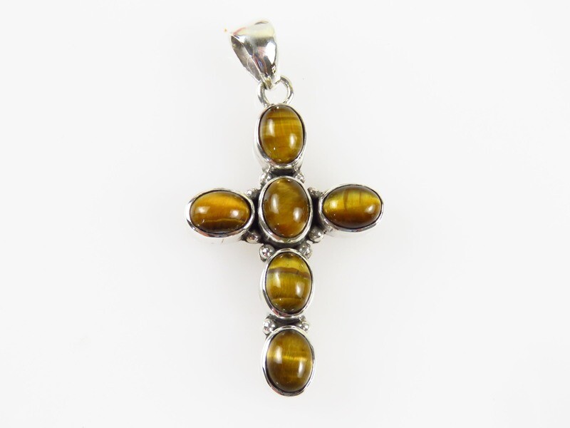 Sterling Silver, Tiger Eye Gemstone, Cross Pendant SP-1180