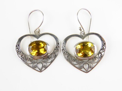 Sterling Silver, Heart Shape, Citrine Gemstone, Dangle Earrings ER-1116