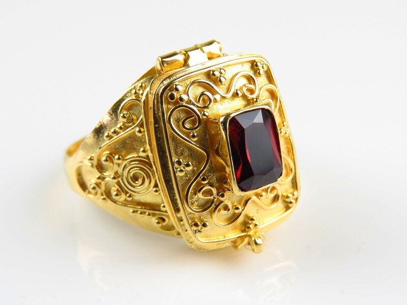 Sterling Silver, 18k Gold Plated, Garnet Gemstone, Locket Ring GPR-215