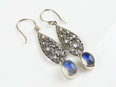 Sterling Silver, Rainbow Moonstone, Bali Frangipani, Floral Pattern, Gemstone Earrings ER-1118