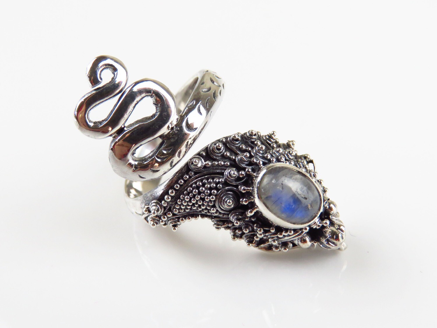 Sterling Silver, Rainbow Moonstone, Snake Design, Gemstone Ring RI-1053