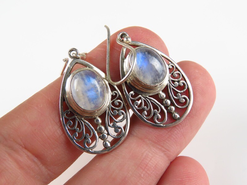 Sterling Silver, Rainbow Moonstone, Filigree, Gemstone Earrings ER-1120