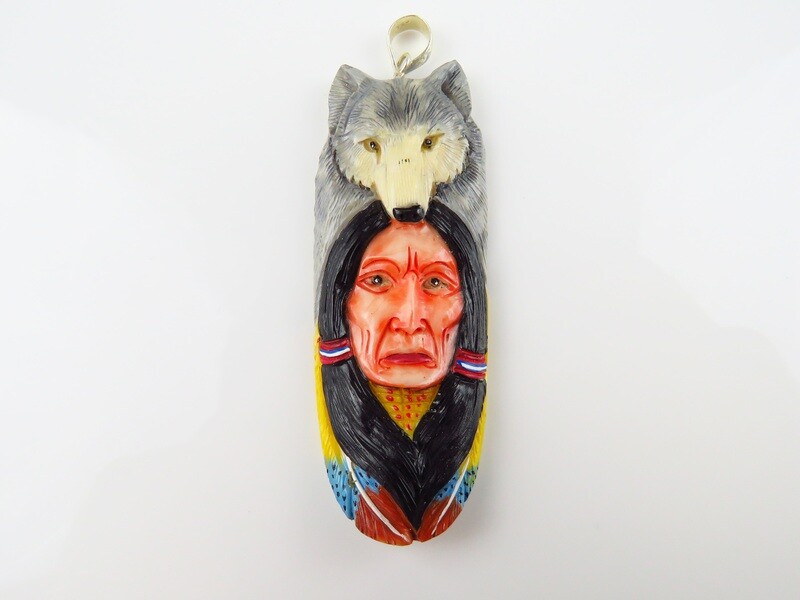 Sterling Silver, Carved Bone, Painted Pendant BP-101