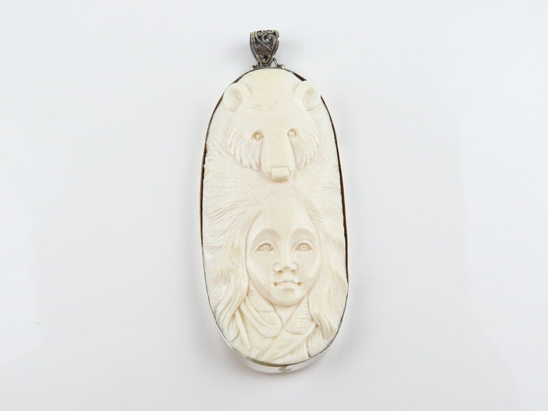 Sterling Silver, Carved Bone, Bear Pendant BP-102