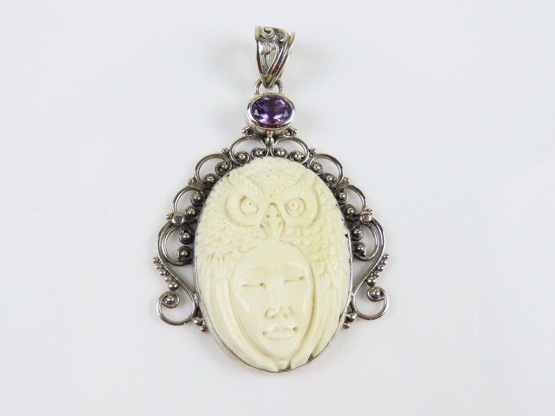 Sterling Silver, Amethyst Gemstone, Owl Pendant BP-105